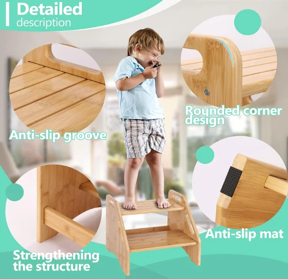 Wooden Two Step Stools Toddler With Safety Non-Slip Pads And Handles