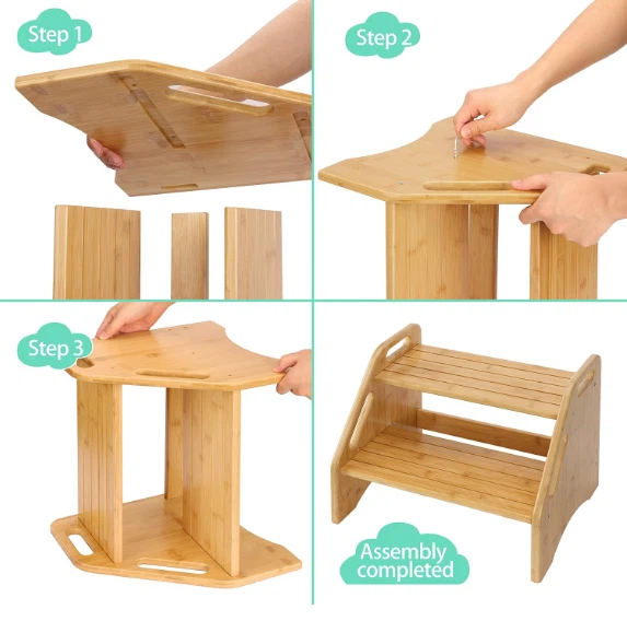 Wooden Two Step Stools Toddler With Safety Non-Slip Pads And Handles