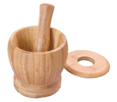 Mortar de bambus și set de stâlpi cu polizor de condimente de capac